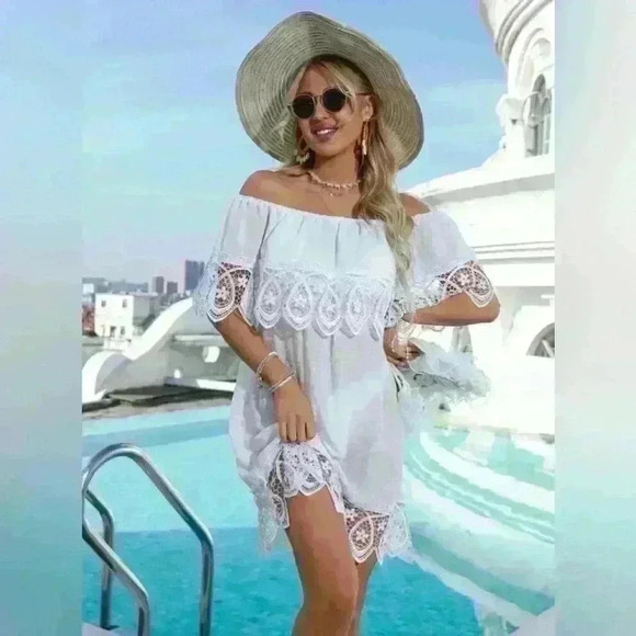 SHEIN Dresses & Skirts - Shein Womens Dress Lace Hem Off the Shoulder  Cover Up White One-Size